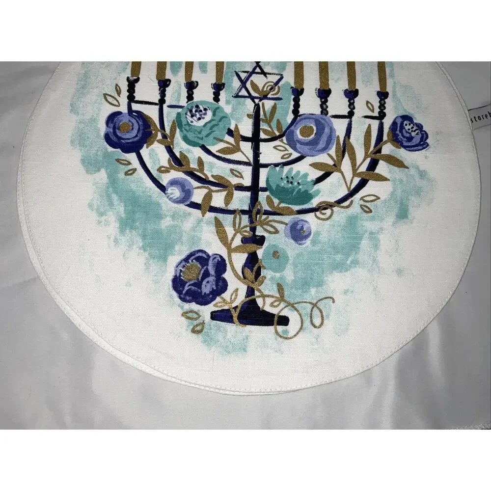 NEW HANUKKAH CIRCLE PLACEMATS STAR OF DAVID MENORAH BLUE WHITE FLOWERS SET/4